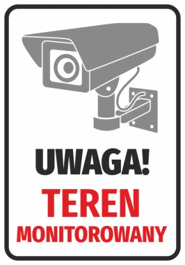 Naklejka Teren monitorowany N127 - Wzór graficzny. Kamera wideo na szarym tle z napisem Uwaga w dużych literach