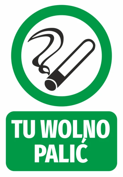 Zielona naklejka BHP z piktogramem papierosa i białym napisem TU WOLNO PALIĆ do oznaczania palarni