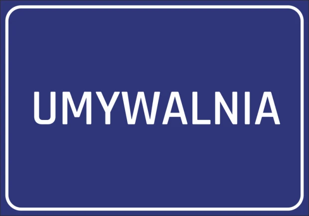 Naklejka Umywalnia - Wzór graficzny. Prosty prostokąt z niebieskim tłem i białym napisem UMYWALNIA