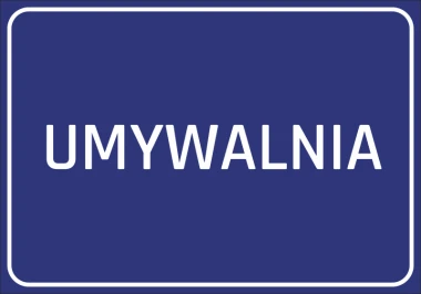 Naklejka Umywalnia - Wzór graficzny. Prosty prostokąt z niebieskim tłem i białym napisem UMYWALNIA