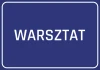 Naklejka Warsztat - Wzór graficzny. Niebieskie tło z białym napisem WARSZTAT w dużych literach