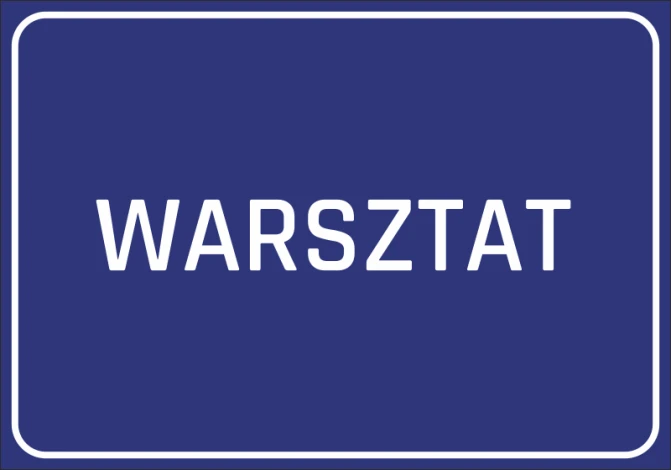 Naklejka Warsztat - Wzór graficzny. Niebieskie tło z białym napisem WARSZTAT w dużych literach
