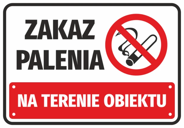 Naklejka BHP z czerwonym znakiem zakazu palenia papierosa i napisem Zakaz palenia na terenie obiektu na białym tle
