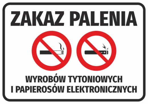 Naklejka BHP z napisem Zakaz palenia wyrobów tytoniowych i e-papierosów oraz czerwonymi znakami zakazu