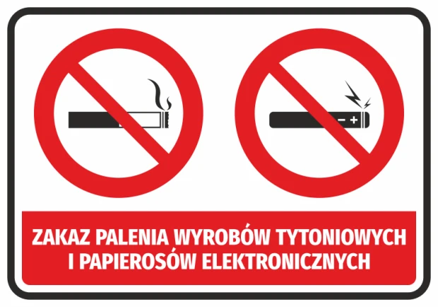 Czerwono-biała naklejka BHP z piktogramem zakazu palenia wyrobów tytoniowych i e-papierosów do biur