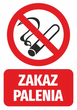 Naklejka Zakaz palenia - Wzór graficzny. Czerwony okrąg z przekreśloną fajką i tekstem na białym tle