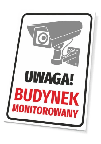 Tabliczka Budynek monitorowany - Wzór graficzny. Grafika przedstawia kamerę monitorującą oraz tekst w kolorze czerwonym