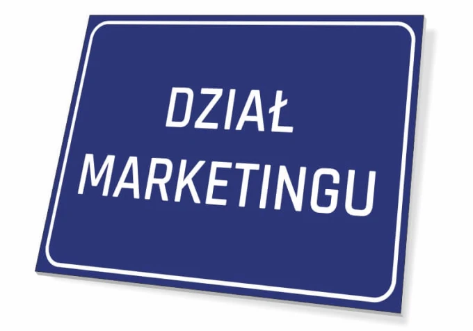 Tabliczka Dział marketingu w nowoczesnym biurze, idealna na ścianę jako praktyczny element dekoracyj