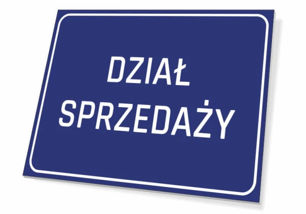 Niebieska prostokątna tabliczka informacyjna na drzwi lub ścianę z białym napisem DZIAŁ SPRZEDAŻY