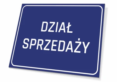 Tabliczka Dział Sprzedaży - Wzór graficzny. Prosty prostokąt w granatowym kolorze z białym napisem