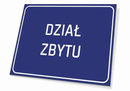 Niebieska tabliczka informacyjna na drzwi lub ścianę z białym napisem Dział zbytu i ramką
