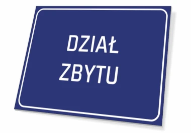 Tabliczka Dział zbytu - Wzór graficzny. Prostokątna tabliczka z niebieskim tłem i białym napisem
