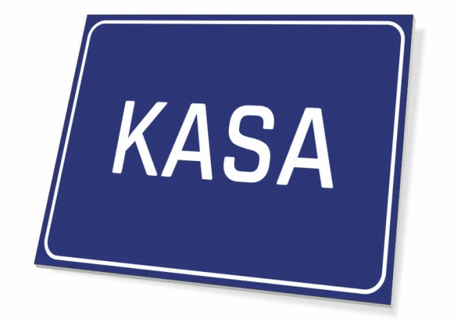 Stylowa tabliczka Kasa w głębokim, niebieskim kolorze, idealna do nowoczesnego biura lub przytulnego