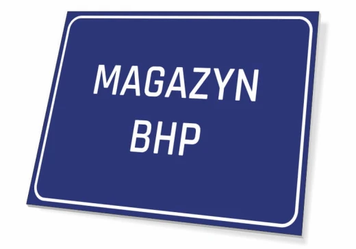 Niebieska prostokątna tabliczka informacyjna BHP na drzwi lub ścianę z białym napisem MAGAZYN BHP
