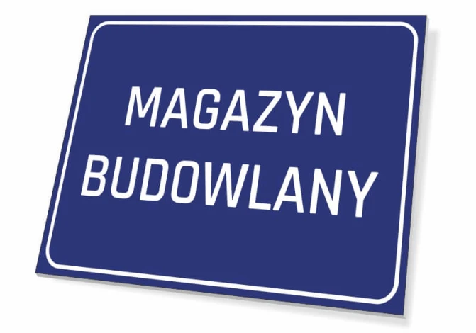 Tabliczka Magazyn budowlany - Wzór graficzny. Prosta, prostokątna tabliczka z niebieskim tłem i białym napisem