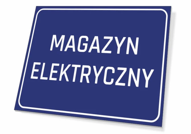 Tabliczka Magazyn elektryczny - Wzór graficzny. Prosta, prostokątna tabliczka z niebieskim tłem i białym napisem