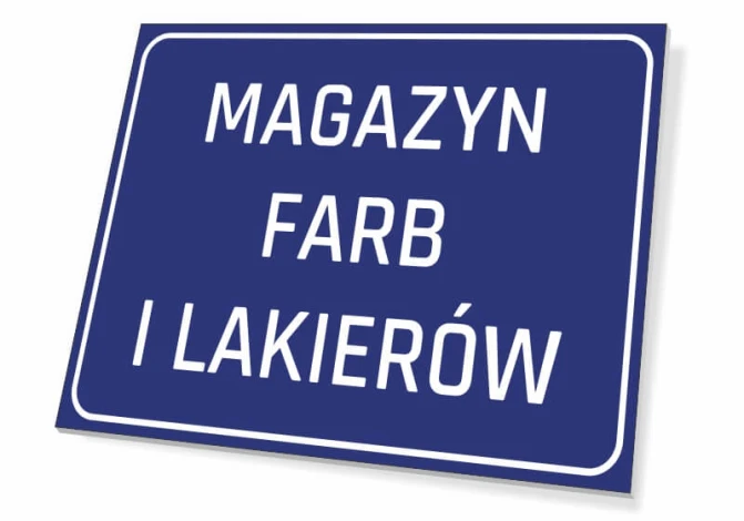 Tabliczka Magazyn farb i lakierów - Wzór graficzny. Prosta, prostokątna tabliczka z białym napisem na niebieskim tle