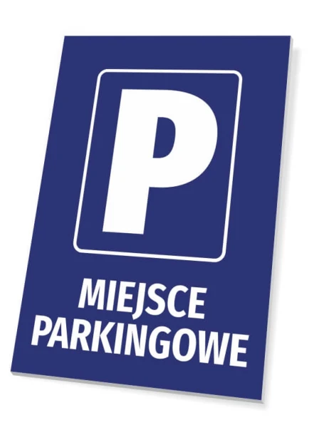 Niebieska tabliczka parkingowa z białym znakiem P oraz napisem Miejsce parkingowe na białym tle