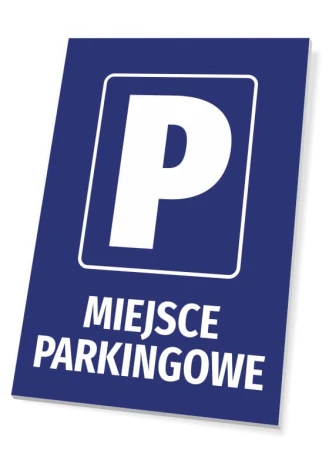 Tabliczka Miejsce parkingowe - Wzór graficzny. Prostokątna tabliczka z dużą literą P i napisem MIEJSCE PARKINGOWE