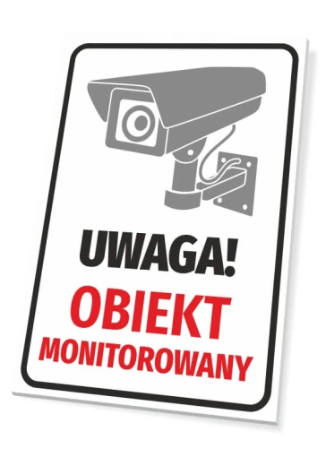 Tabliczka z piktogramem kamery oraz napisem UWAGA! OBIEKT MONITOROWANY na białym tle z czarną ramką