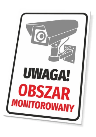 Tabliczka Obszar monitorowany - Wzór graficzny. Grafika przedstawia kamerę monitorującą oraz tekst w dwóch kolorach: czarnym