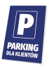 Tabliczka Parking dla klientów - Wzór graficzny. Prosty kształt prostokąta, duża litera P oraz napis PARKING DLA KLIENTÓW