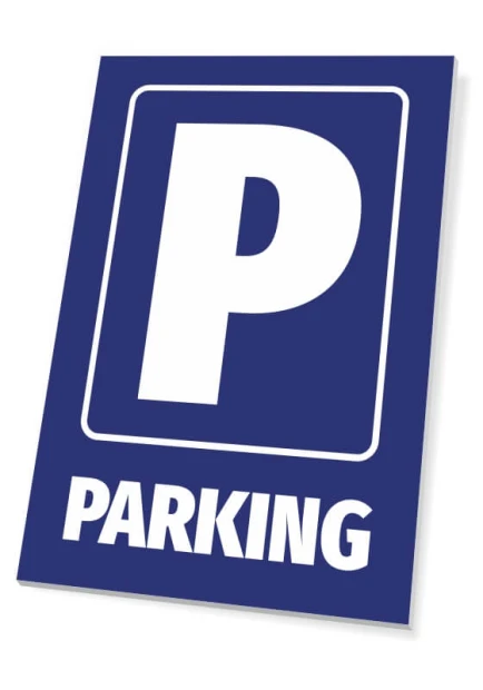 Tabliczka Parking - Wzór graficzny. Prosty prostokąt z niebieskim tłem, białe litery i duża litera P