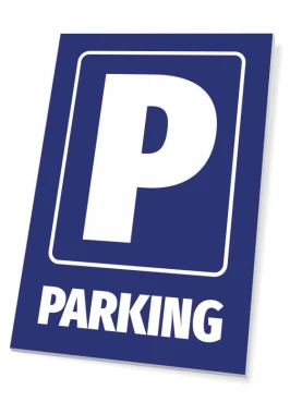 Tabliczka Parking - Wzór graficzny. Prosty prostokąt z niebieskim tłem, białe litery i duża litera P
