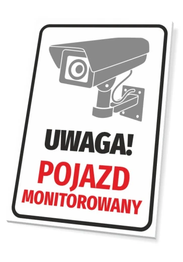 Tabliczka z napisem UWAGA! POJAZD MONITOROWANY oraz piktogramem kamery, przedstawiona na białym tle