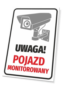 Tabliczka Pojazd monitorowany - Wzór graficzny. Na białym tle znajduje się szary piktogram kamery oraz czerwony napis