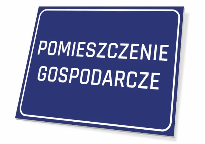 Tabliczka Pomieszczenie gospodarcze - Wzór graficzny. Prosta, prostokątna tabliczka z niebieskim tłem i białym napisem