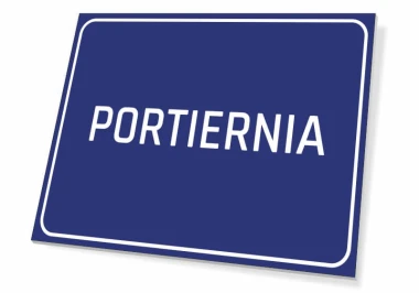 Tabliczka Portiernia - Wzór graficzny. Prosta, prostokątna tabliczka z białym napisem PORTIERNIA na niebieskim tle
