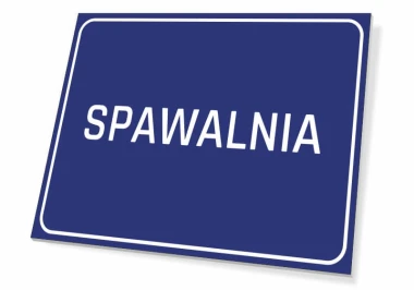Tabliczka Spawalnia - Wzór graficzny. Prosta, prostokątna tabliczka z białym napisem na niebieskim tle