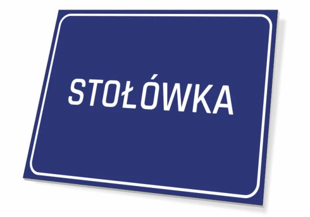 Niebieska tabliczka informacyjna BHP na drzwi lub ścianę z białym napisem STOŁÓWKA i ramką