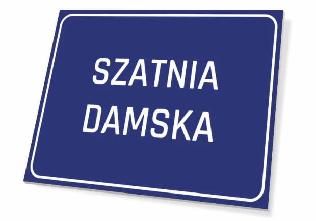 Niebieska prostokątna tabliczka informacyjna na drzwi z białym napisem SZATNIA DAMSKA i ramką