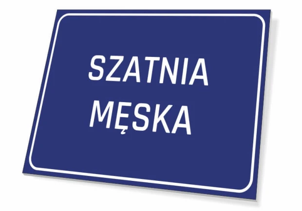 Tabliczka Szatnia męska - Wzór graficzny. Prosta, prostokątna tabliczka z białym napisem na niebieskim tle