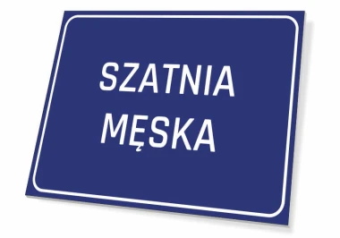 Tabliczka Szatnia męska - Wzór graficzny. Prosta, prostokątna tabliczka z białym napisem na niebieskim tle