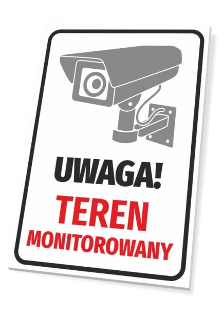 Tabliczka Teren monitorowany T127 - Wzór graficzny. Tabliczka z piktogramem kamery i napisem w kolorze czerwonym