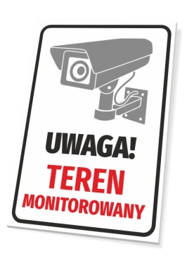 Tabliczka Teren monitorowany T127 - Wzór graficzny. Tabliczka z piktogramem kamery i napisem w kolorze czerwonym