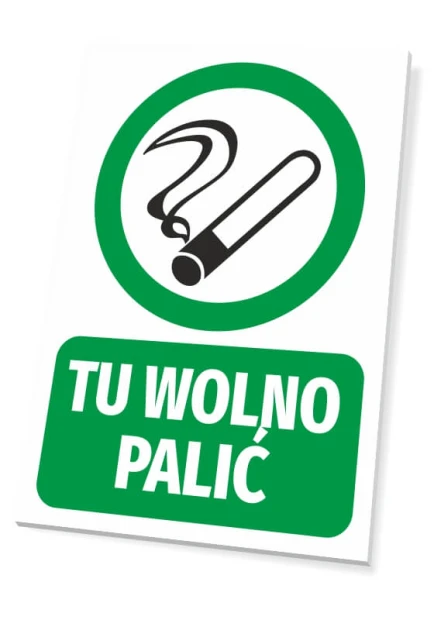 Tabliczka BHP z zielonym piktogramem papierosa i białym napisem Tu wolno palić na zielonym tle, wizualizacja