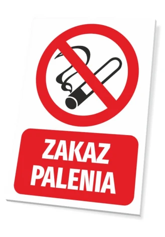 Zakaz palenia - Tabliczka na ścianę - Wzór graficzny. Czerwony okrąg z przekreśloną fajką i napis ZAKAZ PALENIA na białym