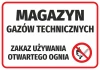 Naklejka Magazyn gazów technicznych - zakaz używania otwartego ognia - Wzór graficzny. Duży napis na ciemnym tle, symbol