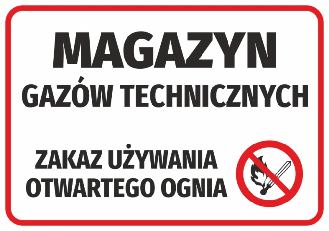 Naklejka Magazyn gazów technicznych - zakaz używania otwartego ognia - Wzór graficzny. Duży napis na ciemnym tle, symbol