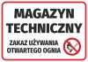Naklejka Magazyn techniczny - zakaz używania otwartego ognia - Wzór graficzny. Prostokąt z czerwonym obramowaniem, czarny