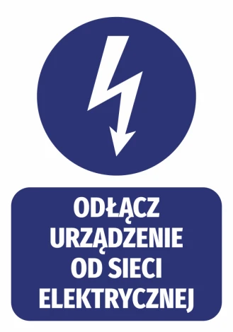 Naklejka Odłącz urządzenie od sieci elektrycznej - Wzór graficzny. Okrągły symbol błyskawicy nad prostokątnym napisem