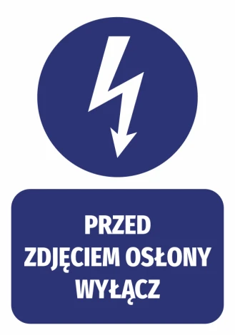 Naklejka Przed zdjęciem osłony wyłącz - Wzór graficzny. Grafika przedstawia błyskawicę w okręgu oraz tekst na prostokącie