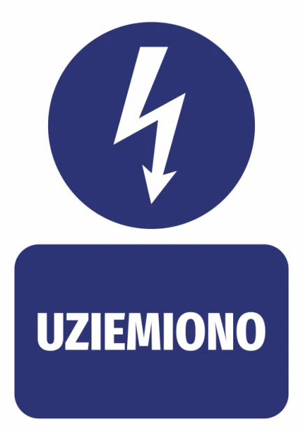 Naklejka Uziemiono - Wzór graficzny. Okrągły kształt z błyskawicą w środku, napis UZIEMIONO na dole