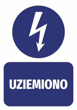 Naklejka Uziemiono - Wzór graficzny. Okrągły kształt z błyskawicą w środku, napis UZIEMIONO na dole