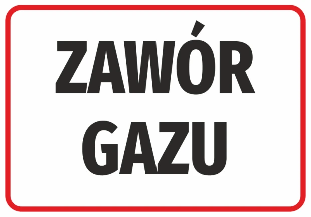 Naklejka BHP z czarnym napisem ZAWÓR GAZU w czerwonej ramce na białym tle, przeznaczona do instalacji technicznych