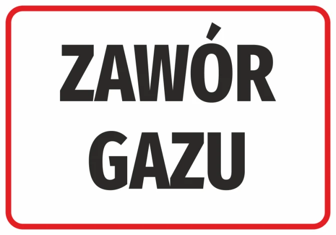 Naklejka Zawór gazu - Wzór graficzny. Duże, czarne litery na białym tle, otoczone czerwoną ramką